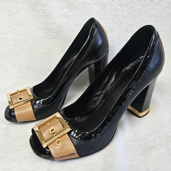 Tory Burch Shoes - Tory Burch Peep Toe Black Block Heels Signature Gold Buckle size 8M